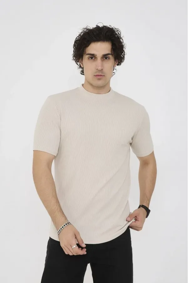 Unisex Bisiklet Yaka Slim fit T-Shirt- Bej