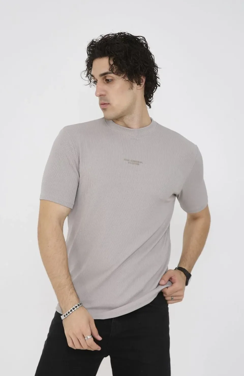 Unisex Bisiklet Yaka Slim fit T-Shirt- Boyalı Gri