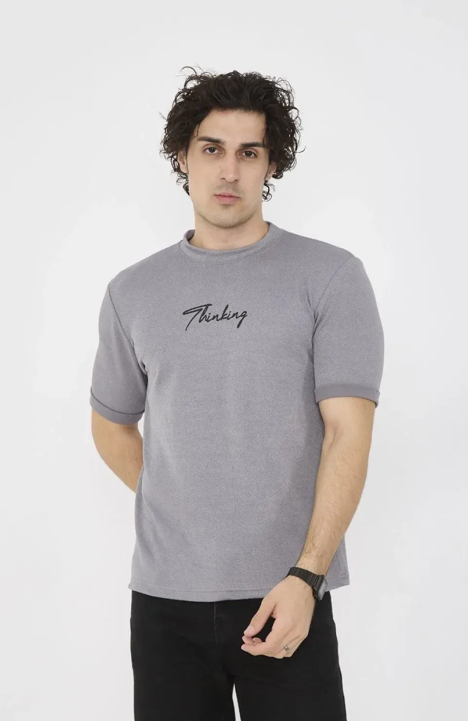 Unisex Bisiklet Yaka Slim fit T-Shirt- Gri