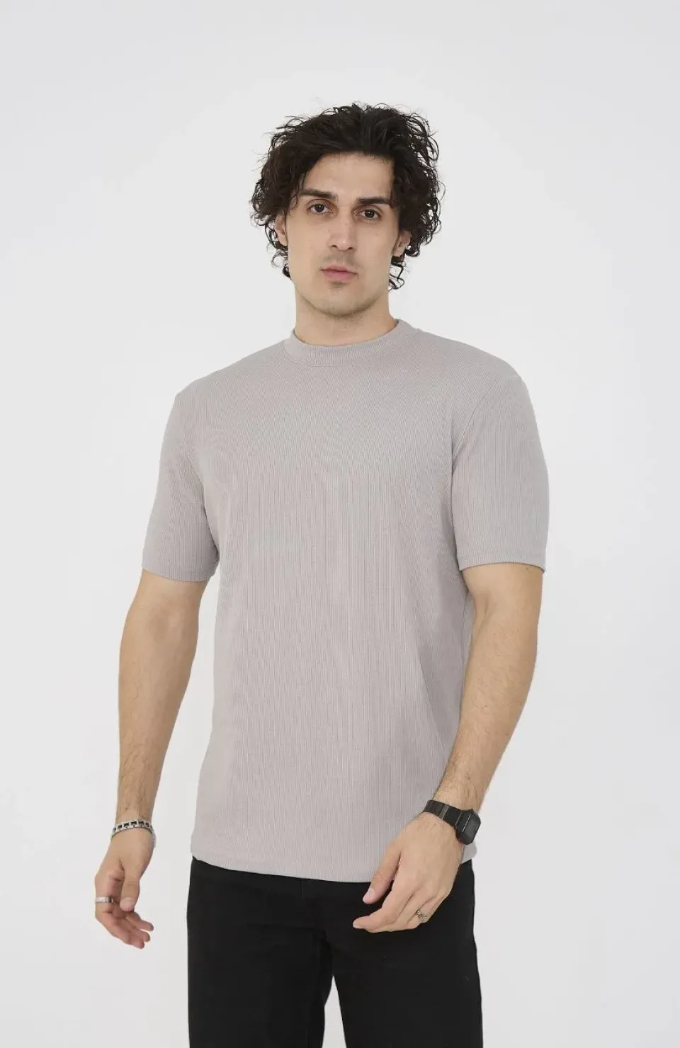 Unisex Bisiklet Yaka Slim fit T-Shirt- Taş