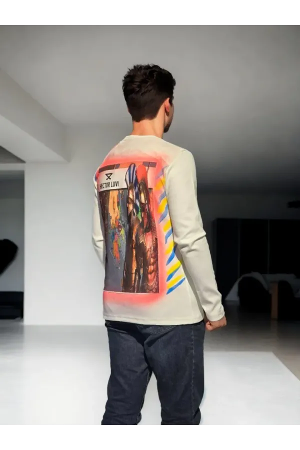 Unisex Bisiklet Yaka Uzun Kollu T-Shirt - Beyaz