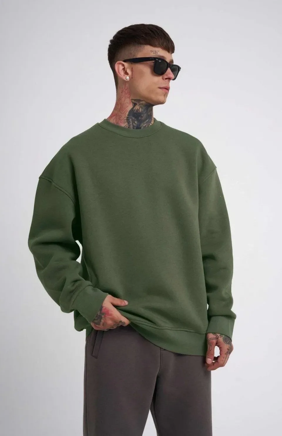 Unisex Biskilet Yaka Üç İplik SweatShirt - Haki