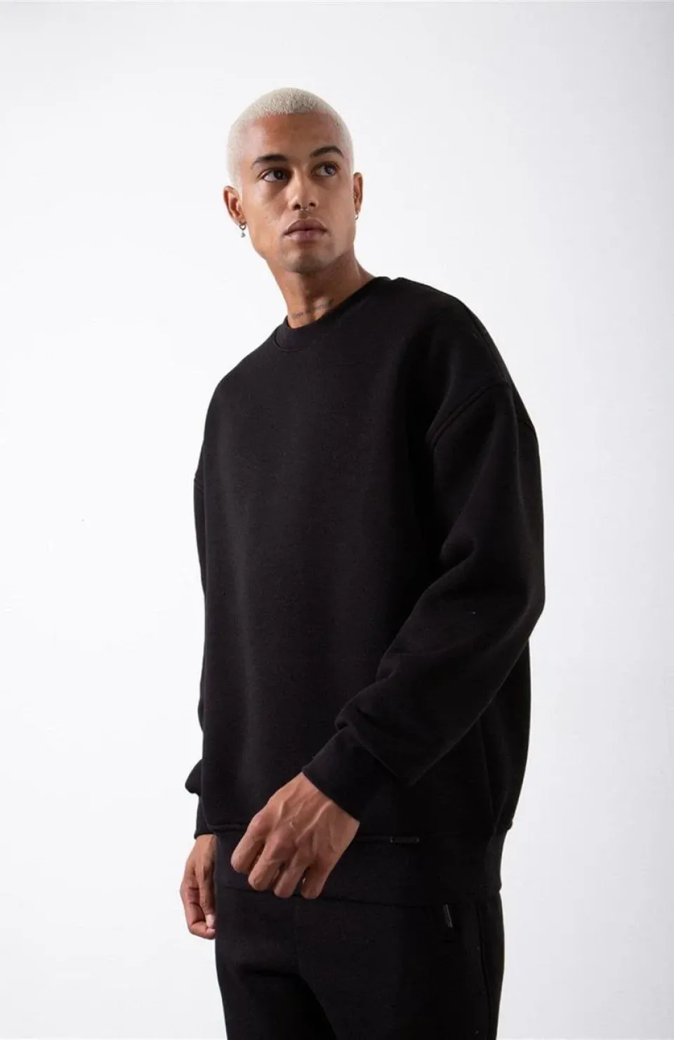 Unisex Biskilet Yaka Üç İplik SweatShirt - Siyah