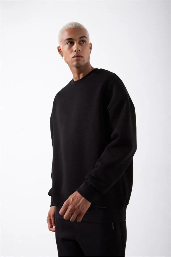 Unisex Biskilet Yaka Üç İplik SweatShirt - Siyah