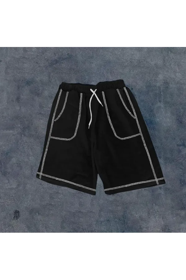 Unisex Dikişli Cepli Oversize Şort - Siyah