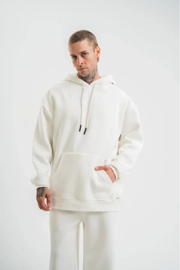 Unisex Double Oversize Kapşonlu Basic SweatShirt - Beyaz