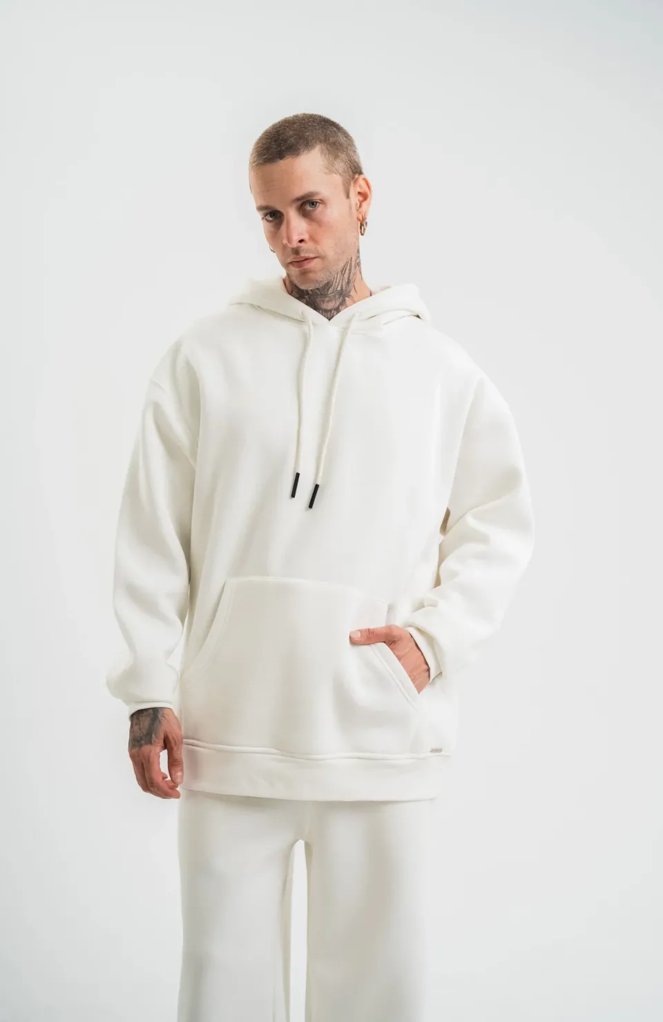 Unisex Double Oversize Kapşonlu Basic SweatShirt - Beyaz