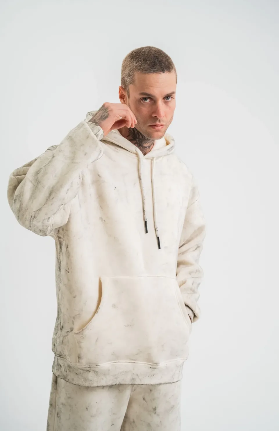 Unisex Double Oversize Kapşonlu Yıkamalı SweatShirt - Krem