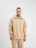 Unisex Double Oversize Patlı Yaka SweatShirt - Bej