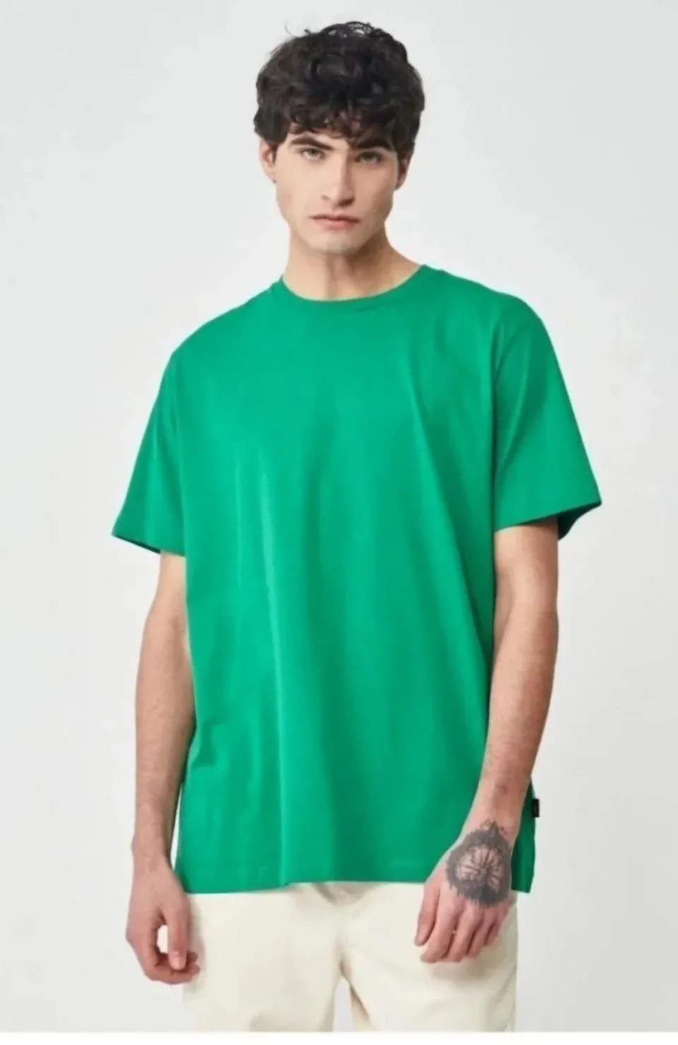 Unisex Düz Biskilet Yaka Oversize T-shirt - Yeşil