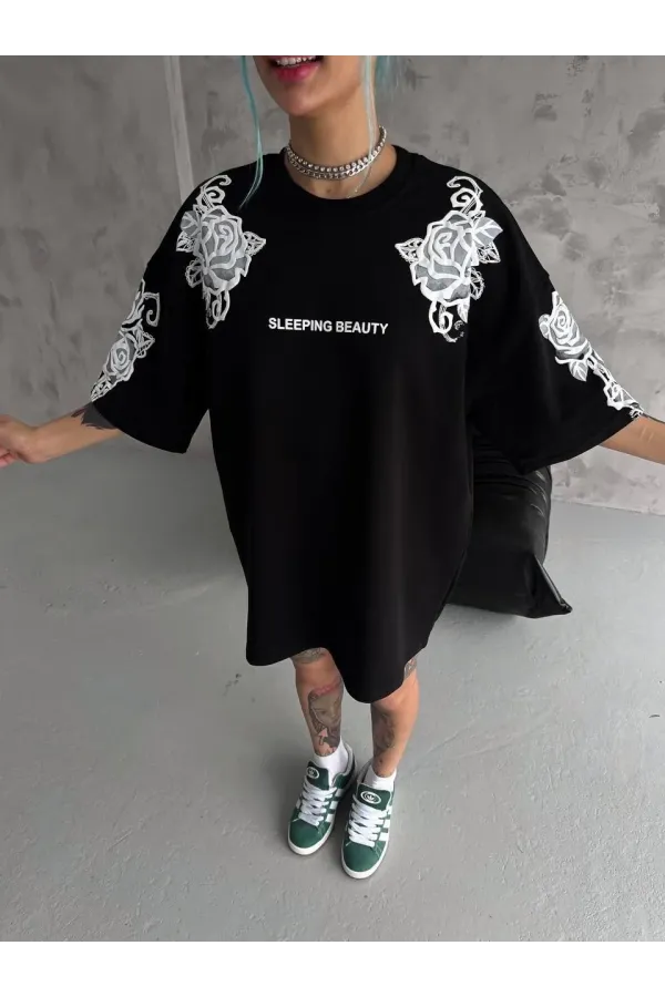 Unisex Flok Kabartma Baskılı T-Shirt - Siyah