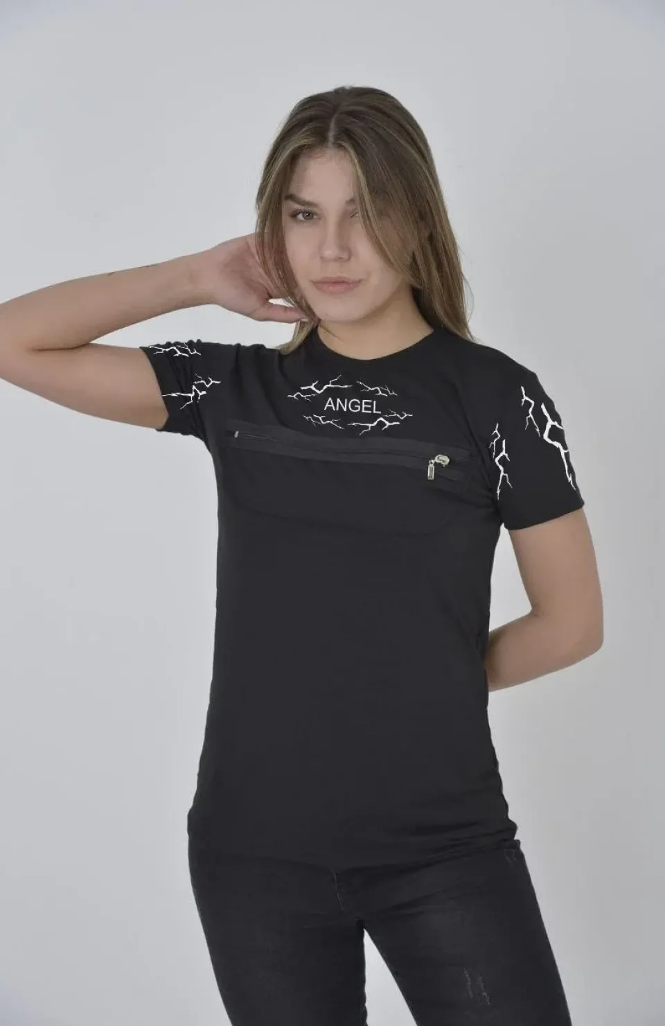 Unisex Göğüs Fermuarlı Baskılı T-Shirt - Siyah