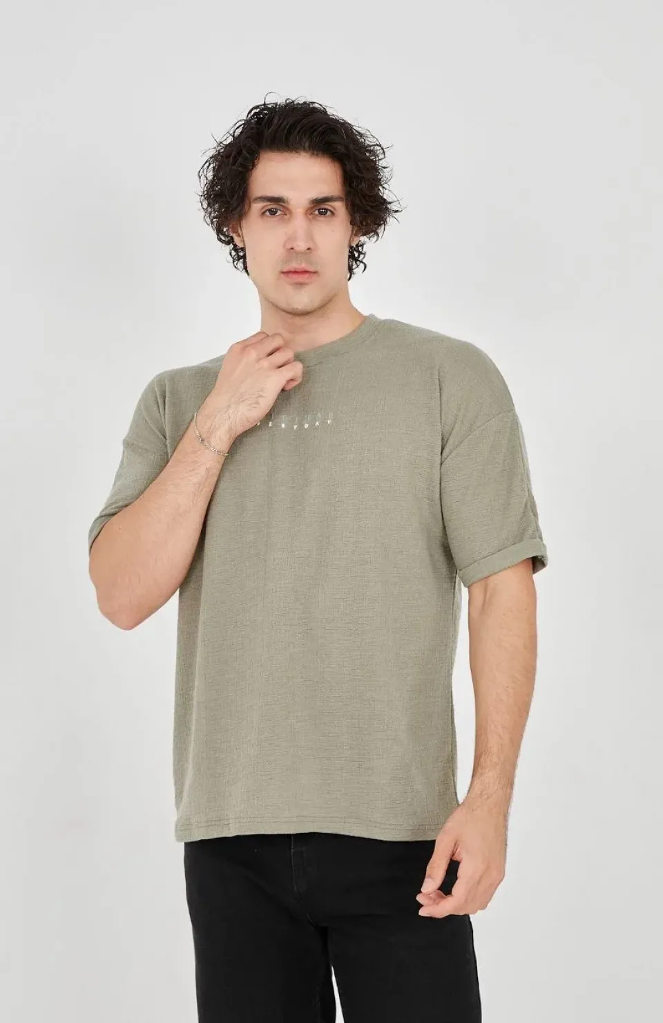 Unisex Jakar Kumaş Rahat Kol T-Shirt - Açık Yeşil