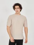 Unisex Jakar Kumaş Rahat Kol T-Shirt - Bej