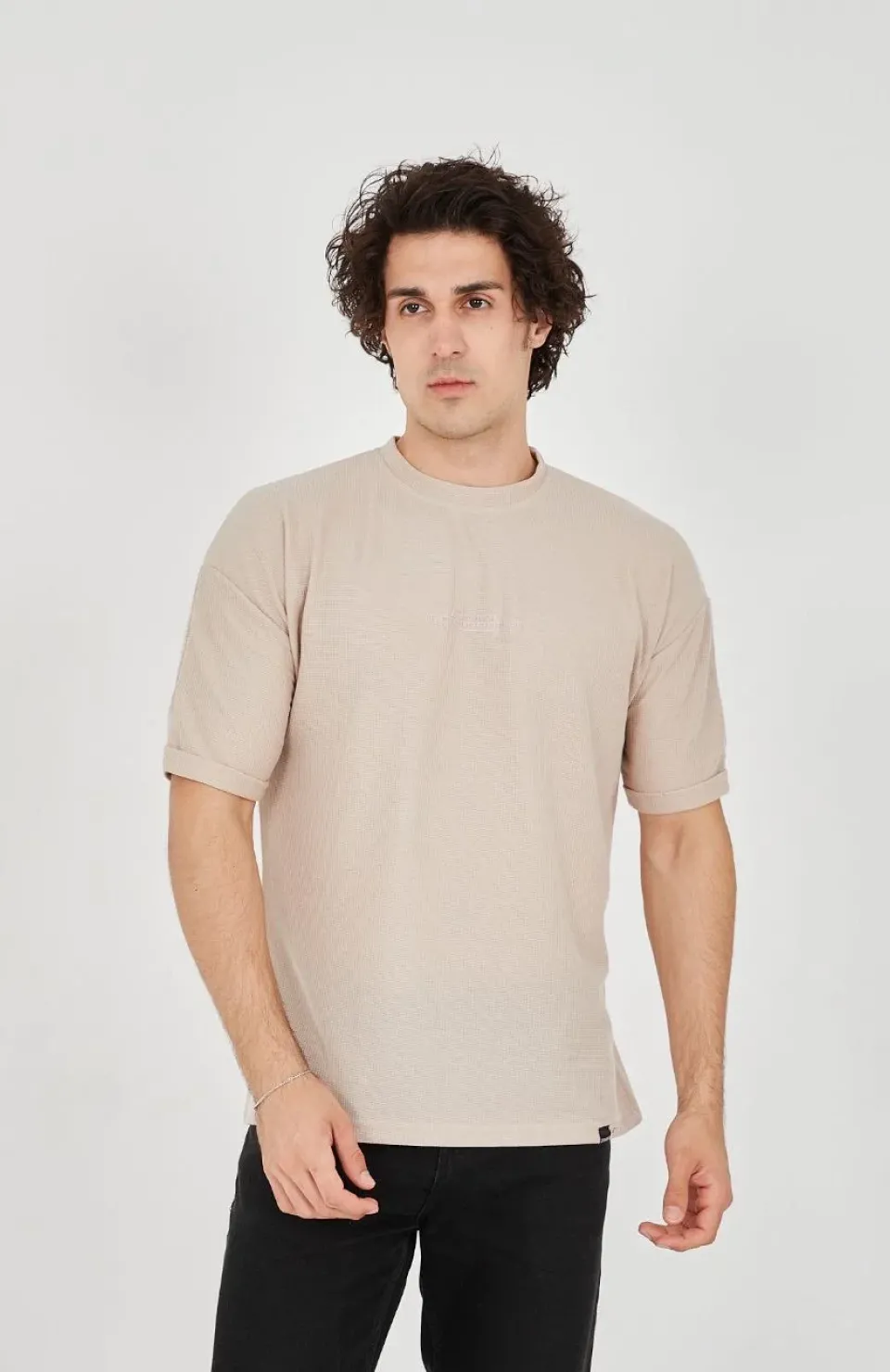 Unisex Jakar Kumaş Rahat Kol T-Shirt - Bej