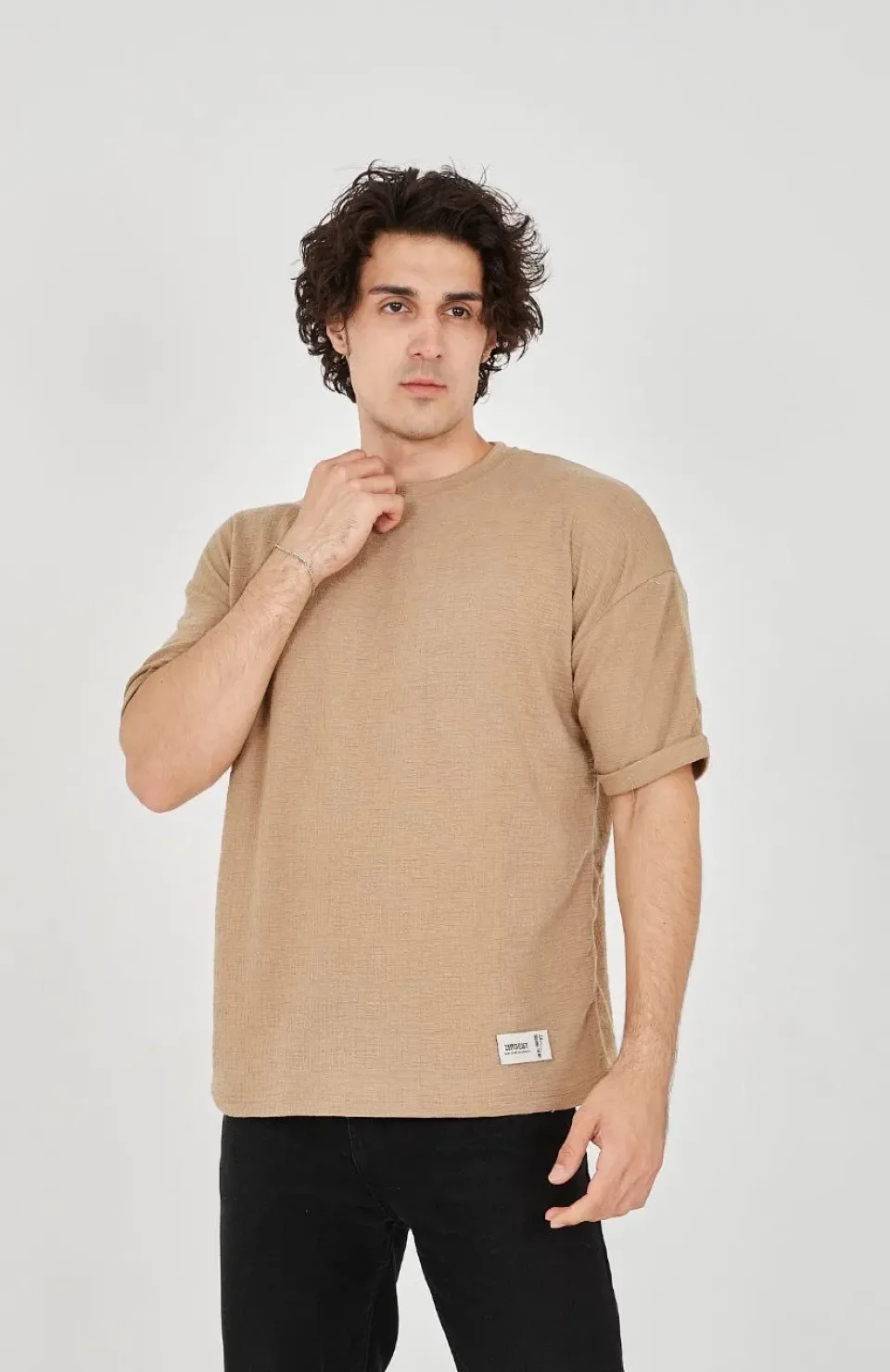 Unisex Jakar Kumaş Rahat Kol T-Shirt - Kahverengi