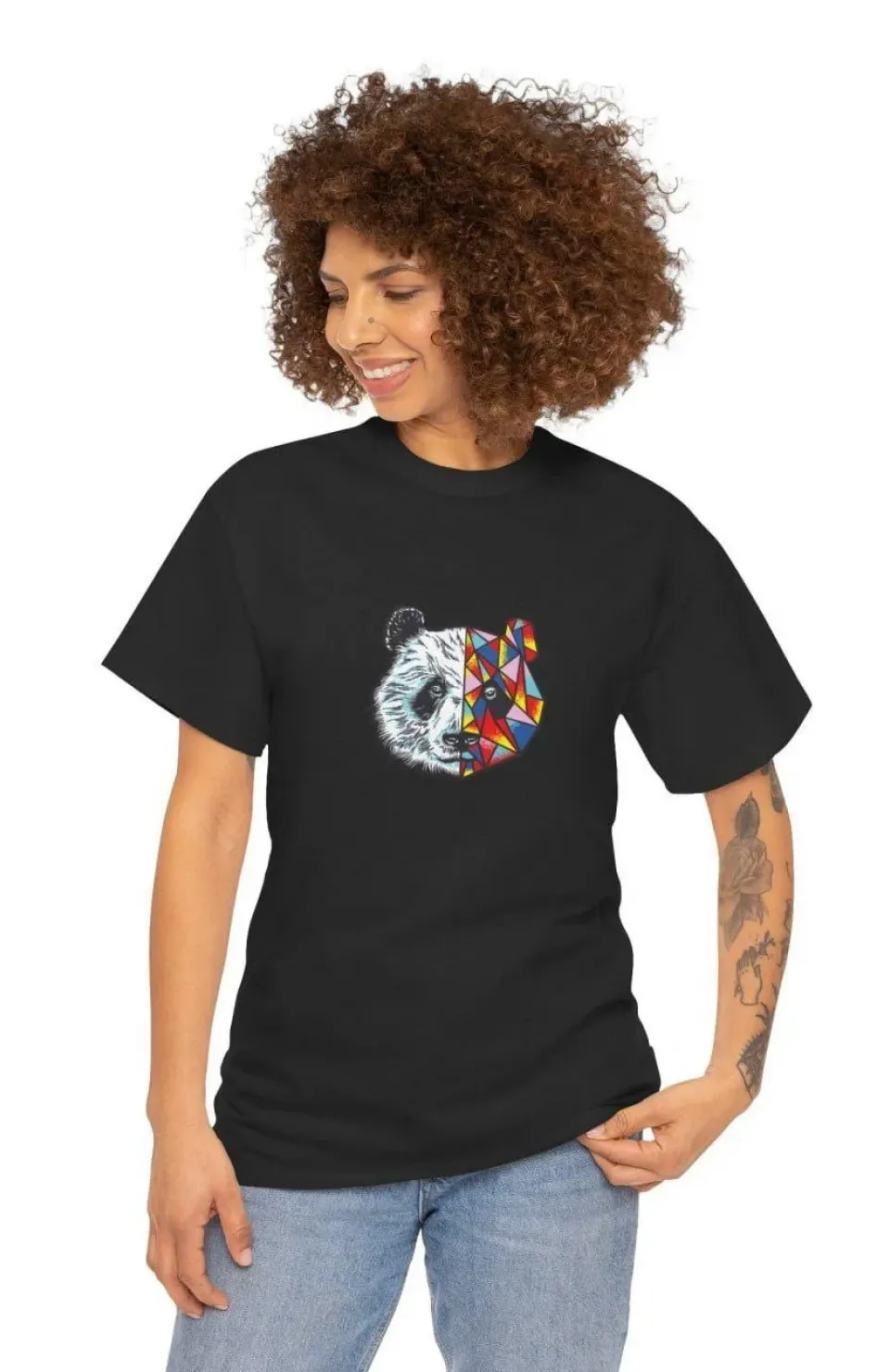 Unisex Kadın Bisiklet Yaka Baskılı T-Shirt - Siyah