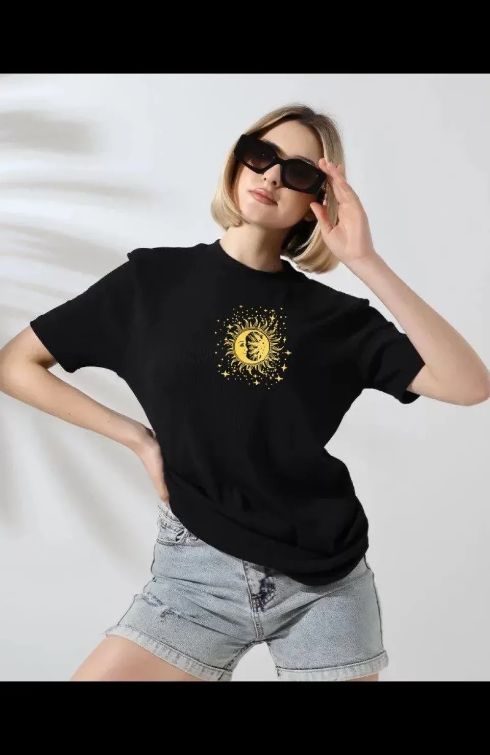 Unisex Kadın Bisiklet Yaka Baskılı T-Shirt - Siyah