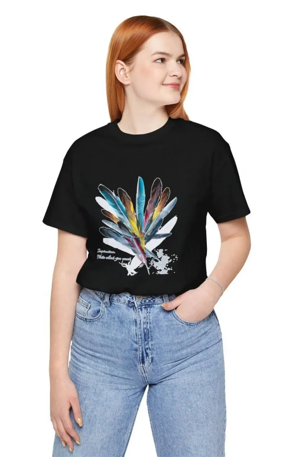 Unisex Kadın Bisiklet Yaka Baskılı T-Shirt - Siyah