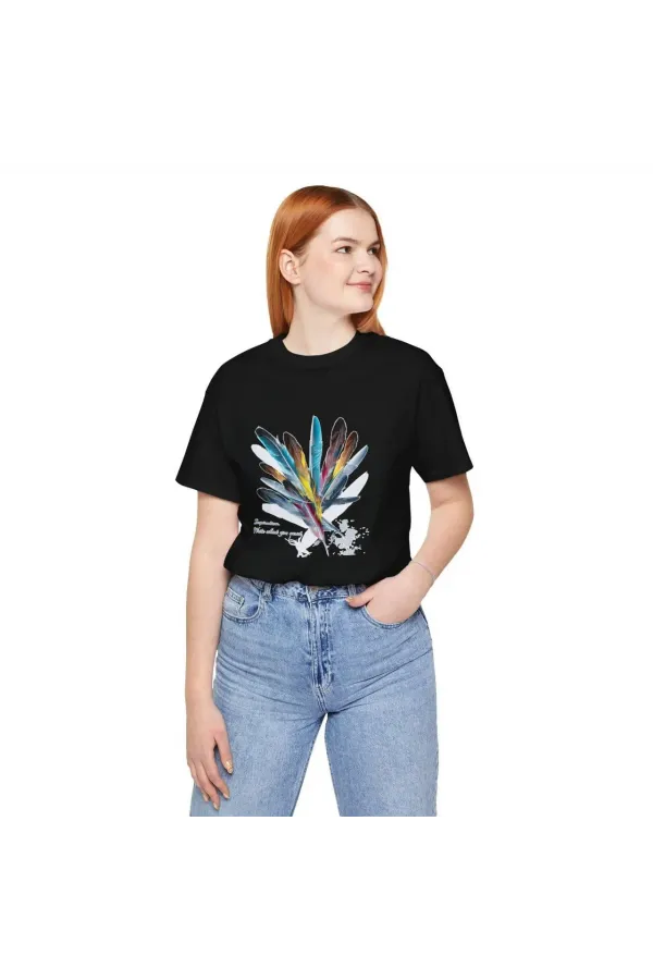 Unisex Kadın Bisiklet Yaka Baskılı T-Shirt - Siyah