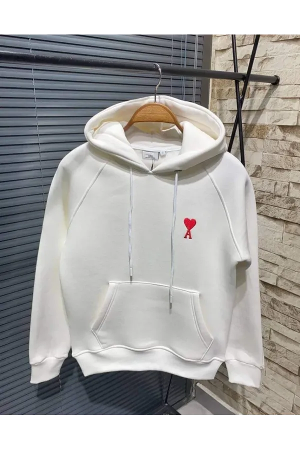 Unisex Kapşonlu Baskılı Sweetshirt - Beyaz