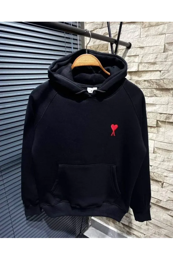 Unisex Kapşonlu Baskılı Sweetshirt - Siyah