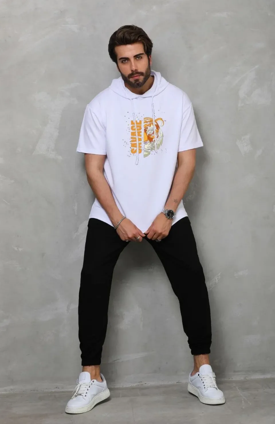 Unisex Kapşonlu Kısa Kol Oversize Baskılı T-Shirt - Beyaz