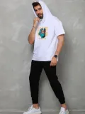 Unisex Kapşonlu Kolsuz Oversize Baskılı Tişört - Beyaz