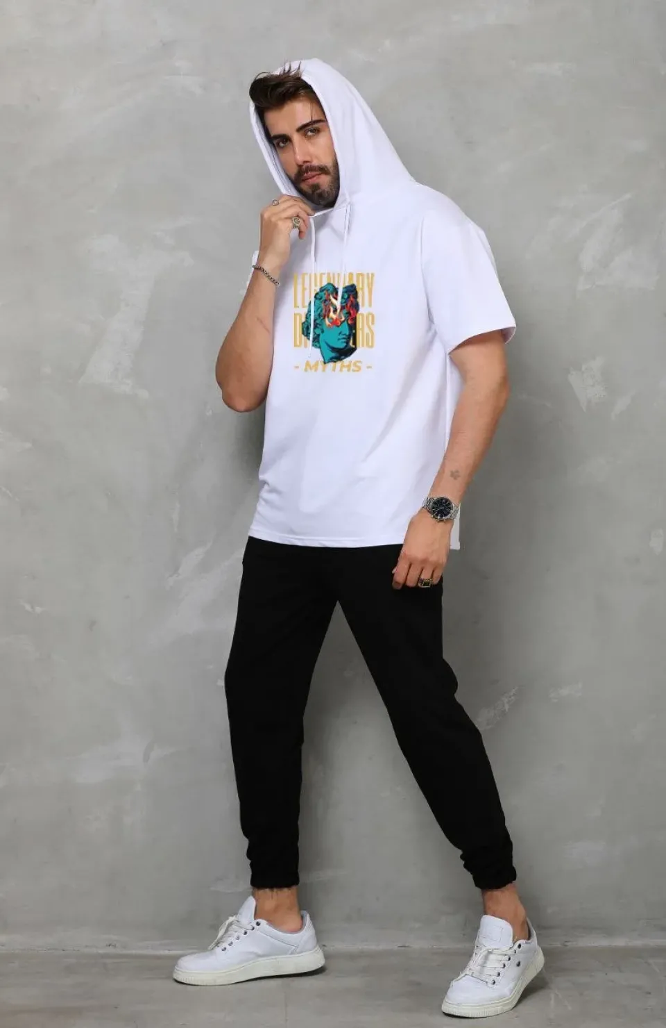 Unisex Kapşonlu Kolsuz Oversize Baskılı Tişört - Beyaz