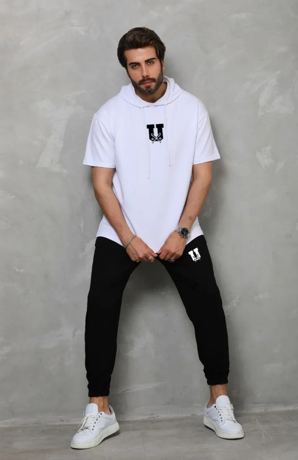 Unisex Kapşonlu Oversize T-Shirt Takım - Beyaz