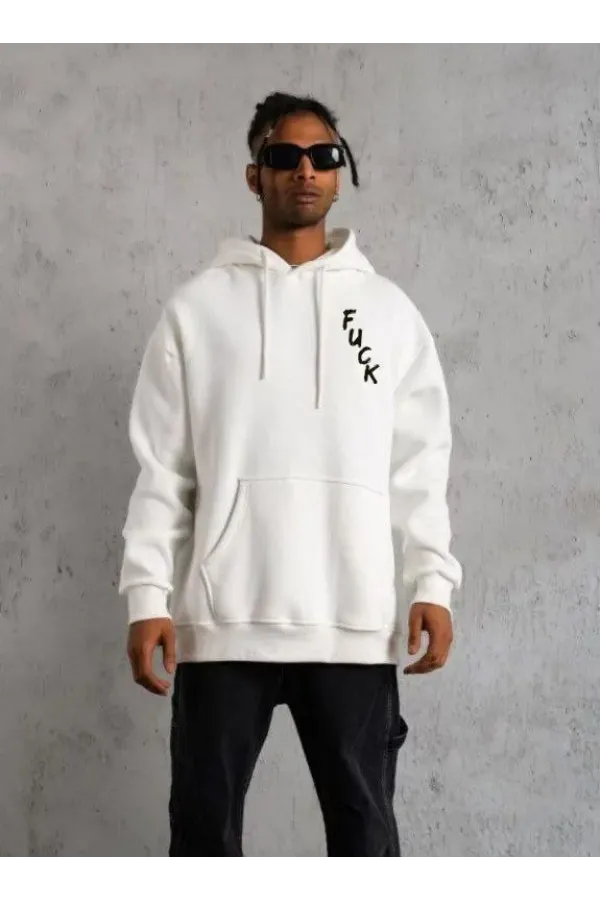 Unisex Kapşonlu Uzun Kol Baskılı Sweetshirt - Beyaz
