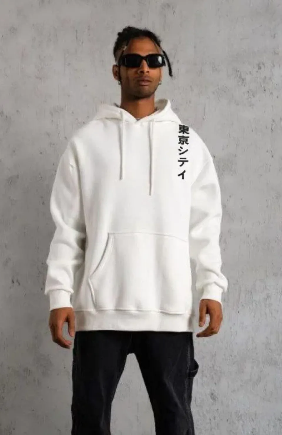 Unisex Kapşonlu Uzun Kol Baskılı Sweetshirt - Beyaz