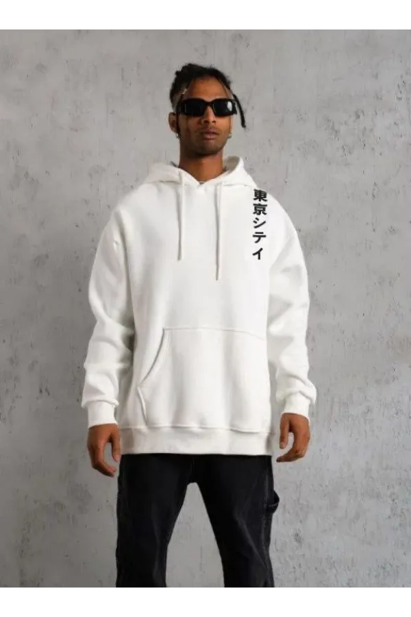 Unisex Kapşonlu Uzun Kol Baskılı Sweetshirt - Beyaz