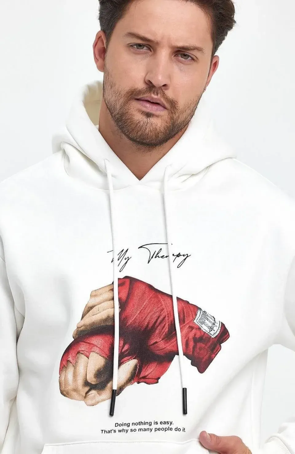 Unisex Kapüşonlu Üç İplik Oversize Baskılı Sweatshirt - Beyaz Somersan Giyim | Kadın, Erkek ve Çocuk Moda