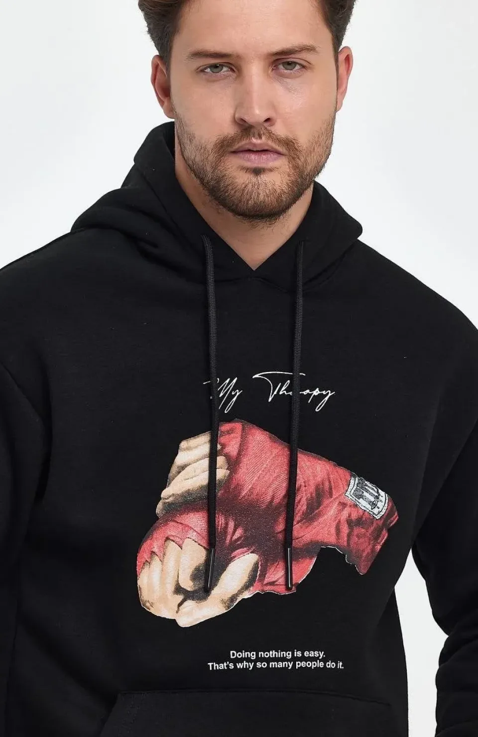 Unisex Kapüşonlu Üç İplik Oversize Baskılı Sweatshirt - Siyah