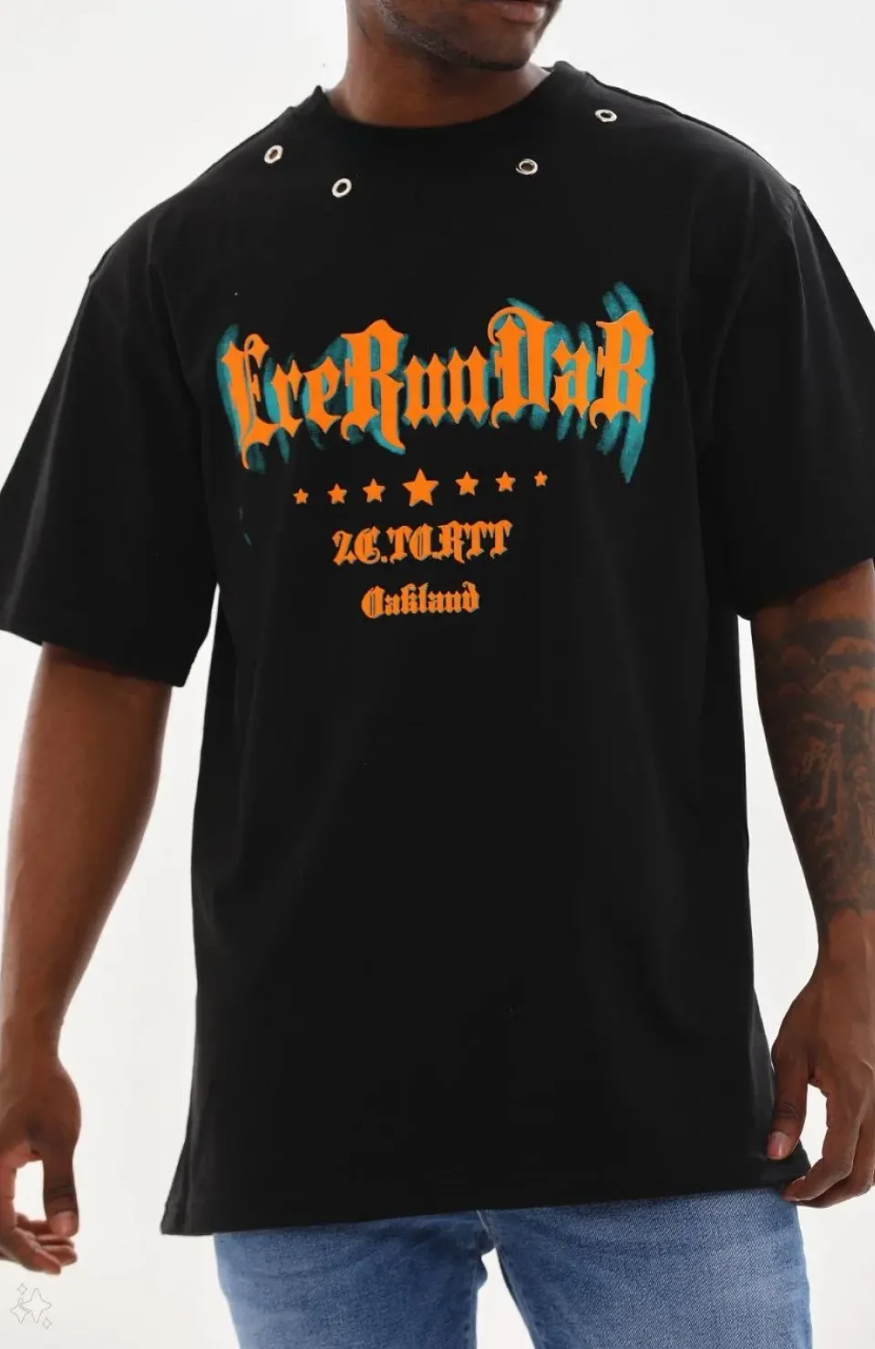 Unisex Kuşgözü Detaylı Baskılı Oversize T-Shirt - Siyah