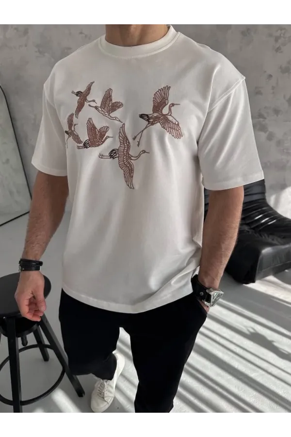 Unisex Nakış İşlemeli T-Shirt - Beyaz