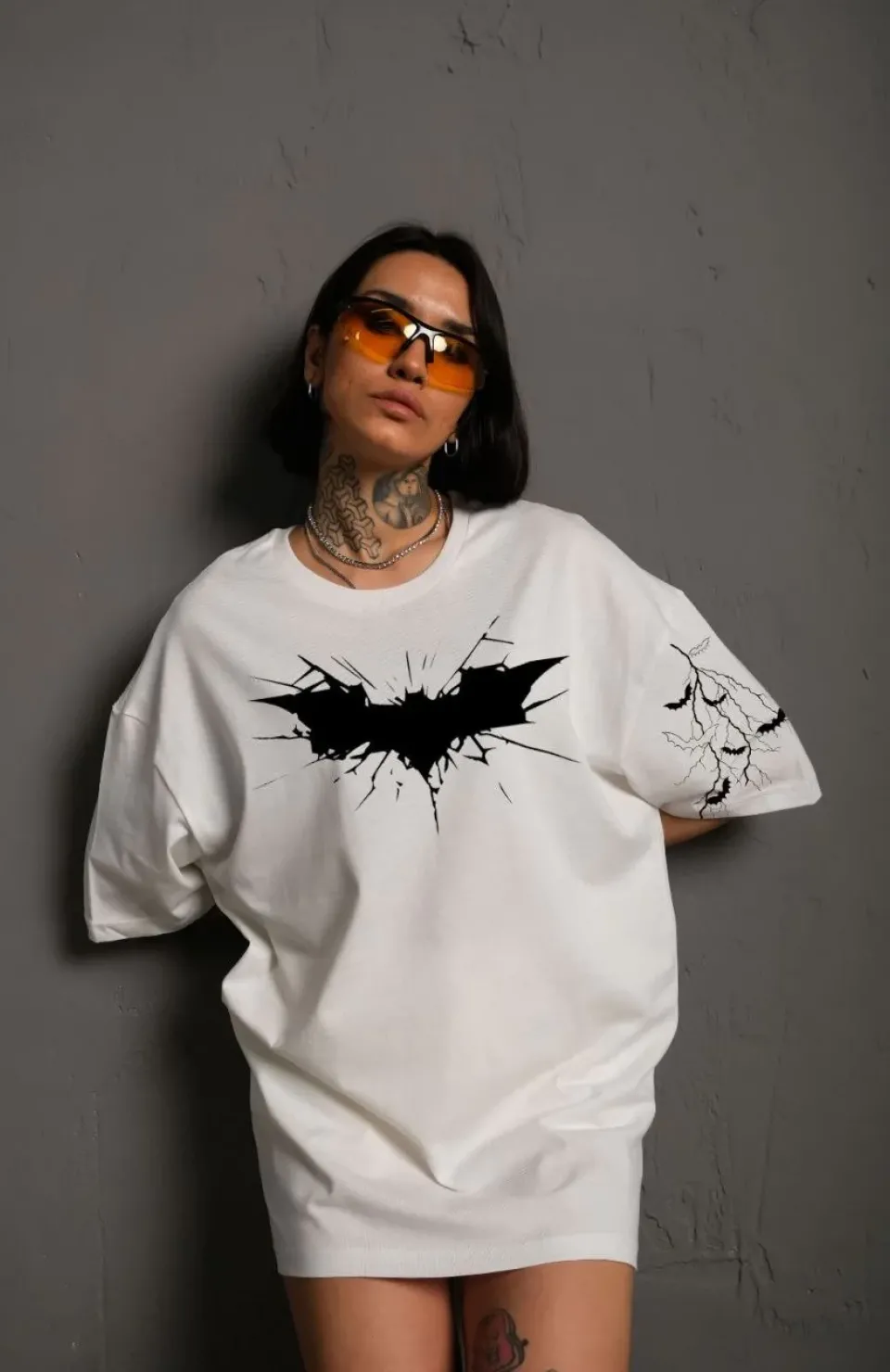 Unisex Ön ve Kol Baskılı Oversize T-shirt - Beyaz
