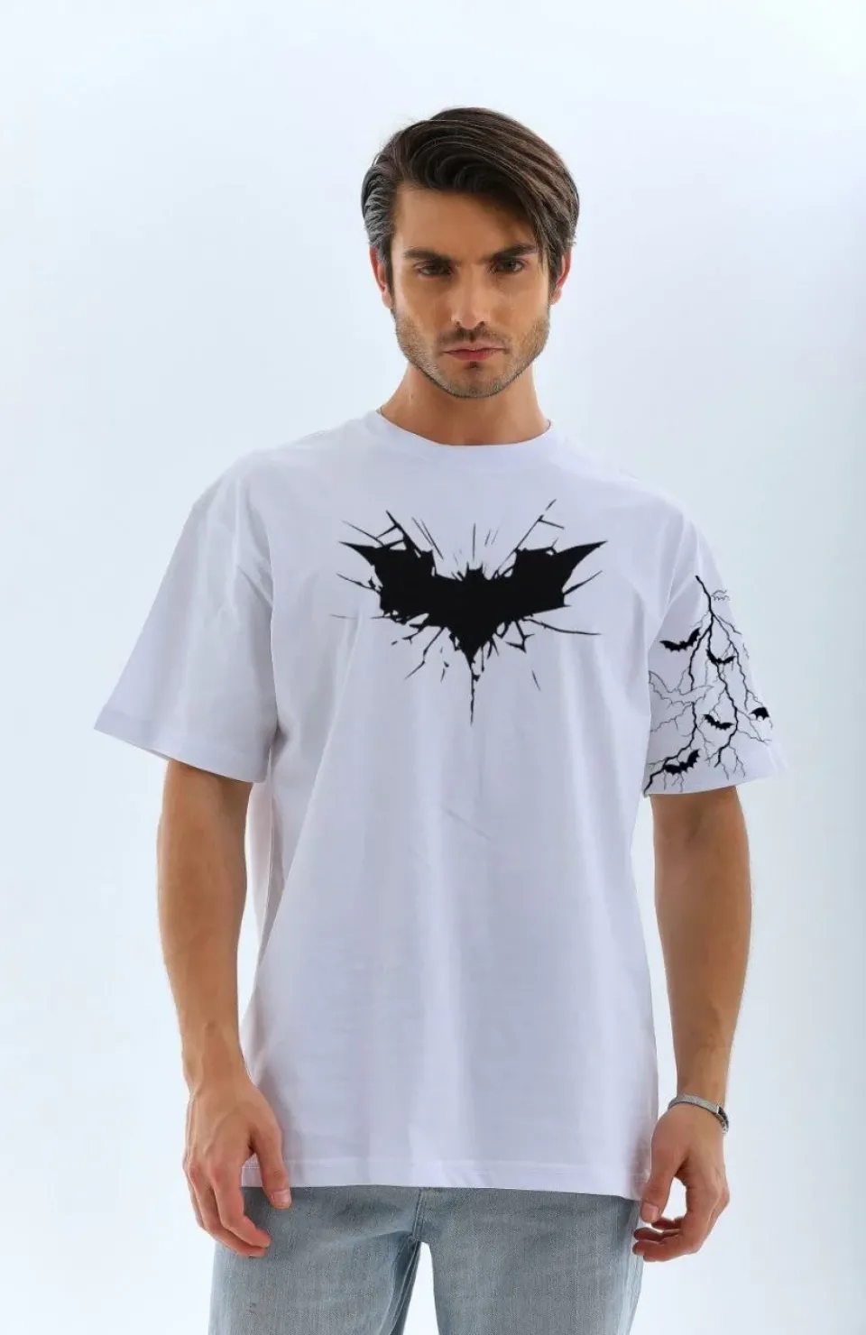 Unisex Ön ve Kol Baskılı Oversize T-shirt - Beyaz