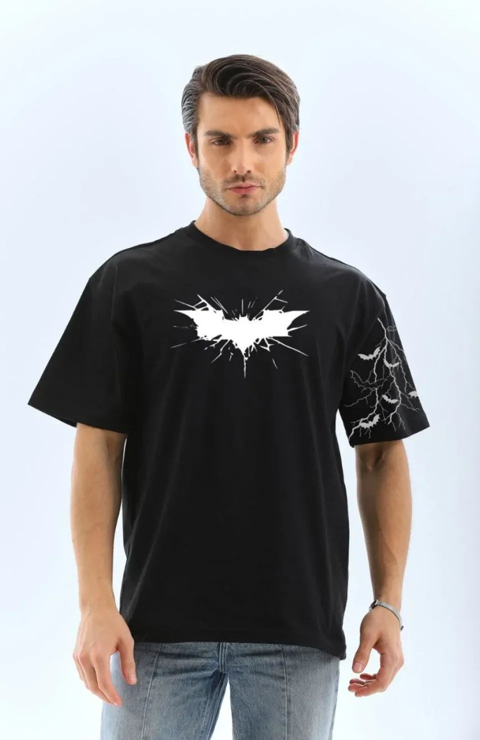 Unisex Ön ve Kol Baskılı Oversize T-shirt - Siyah