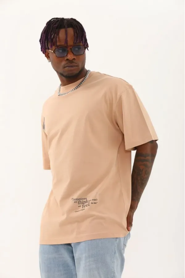 Unisex Oversize Baskılı Bisiklet Yaka T-Shirt - Bej