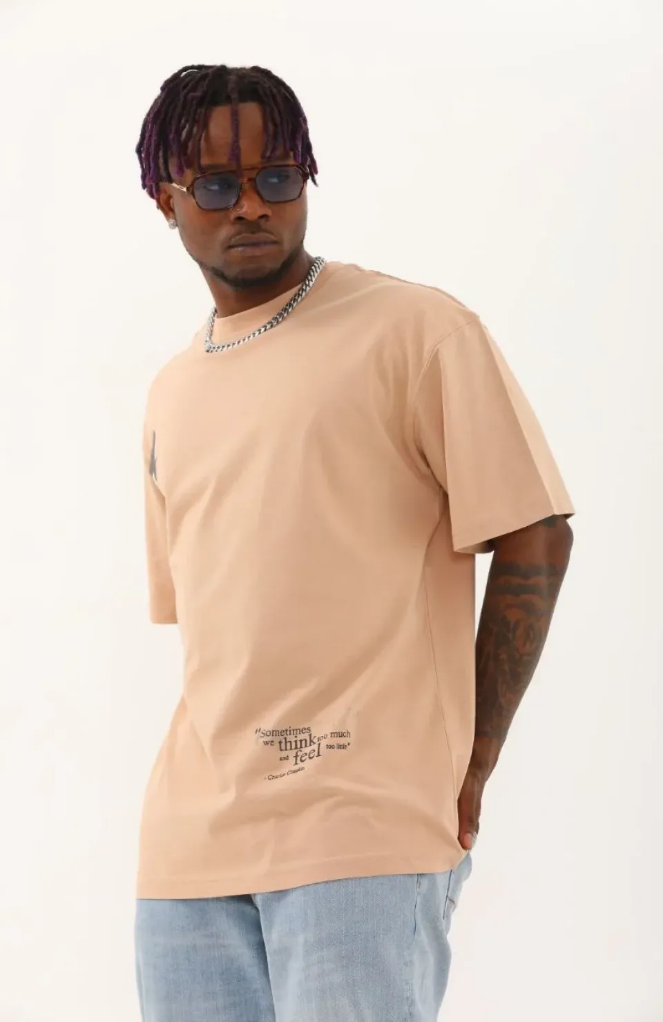 Unisex Oversize Baskılı Bisiklet Yaka T-Shirt - Bej