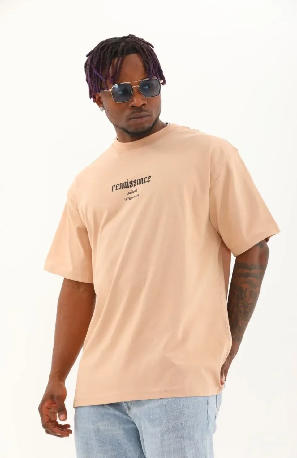 Unisex Oversize Baskılı Bisiklet Yaka T-Shirt - Bej