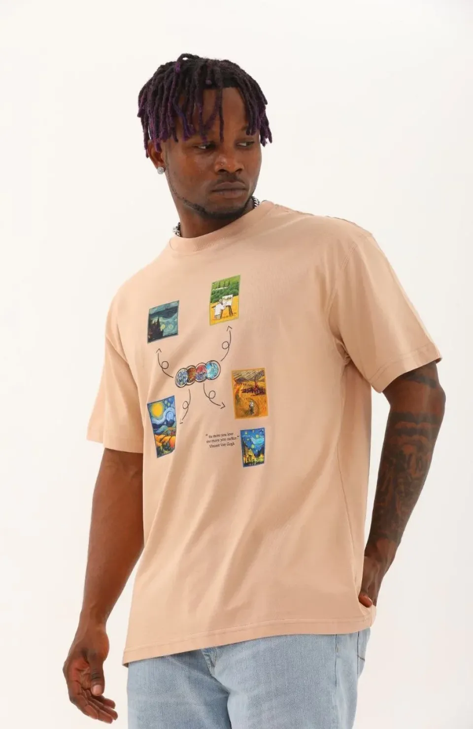 Unisex Oversize Baskılı Bisiklet Yaka T-Shirt - Bej