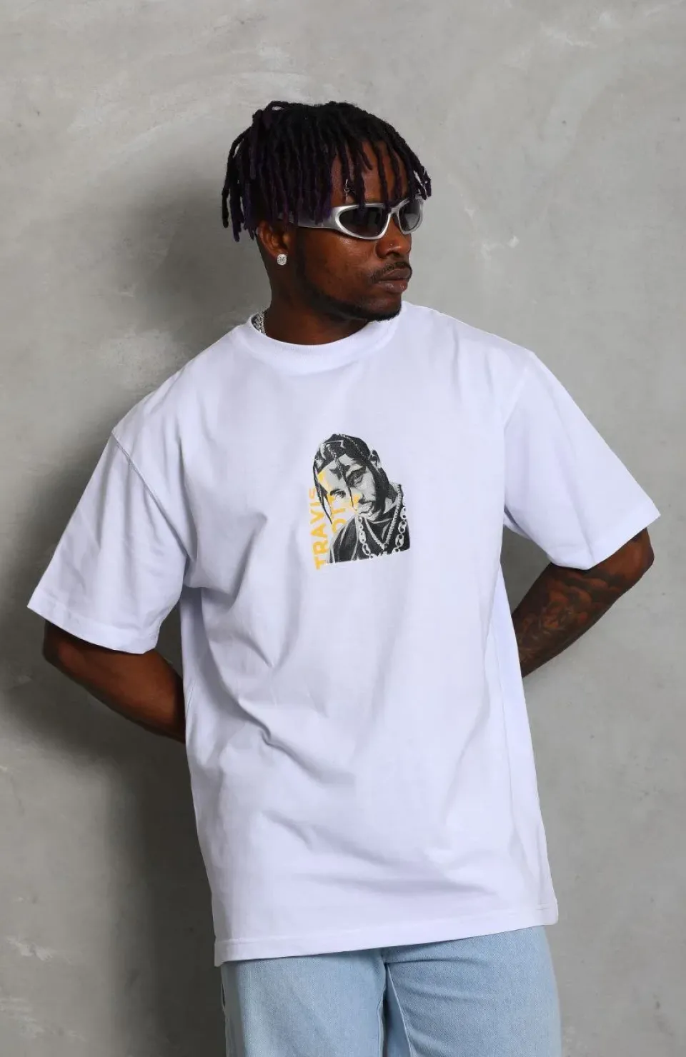 Unisex Oversize Baskılı Bisiklet Yaka T-Shirt - Beyaz