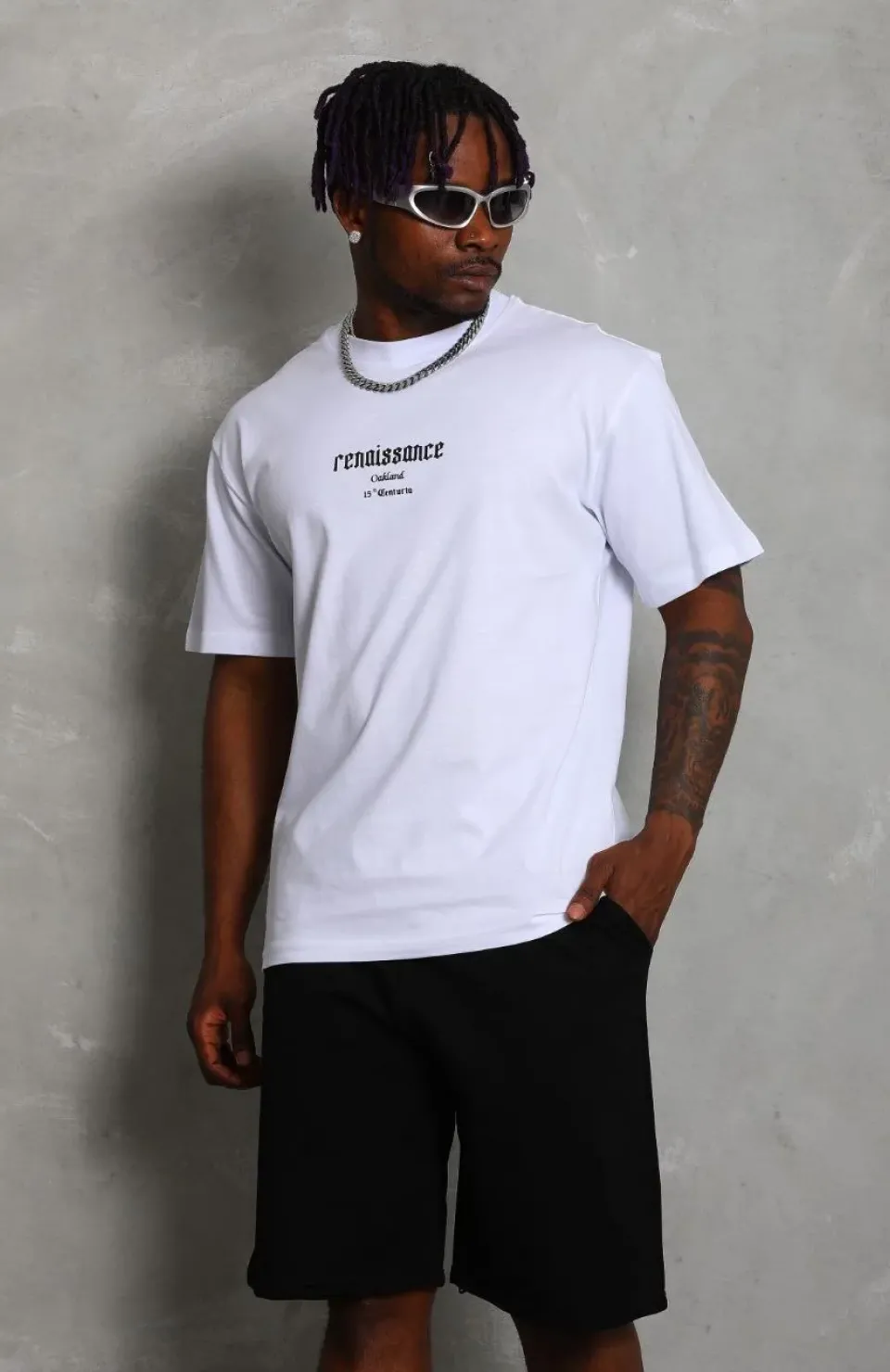 Unisex Oversize Baskılı Bisiklet Yaka T-Shirt - Beyaz