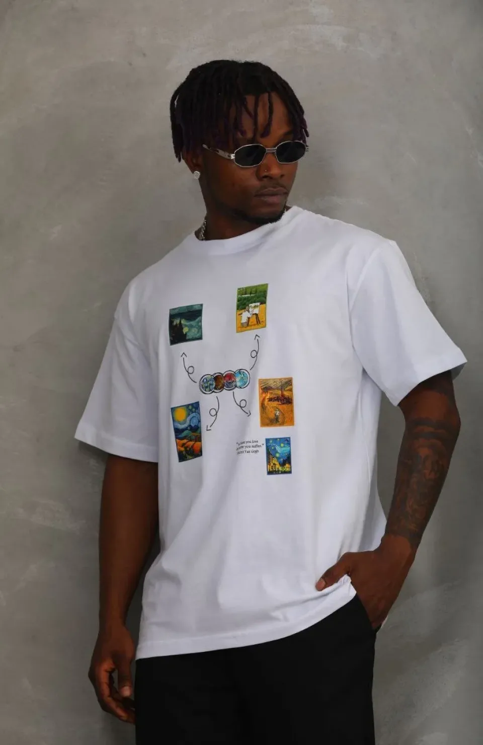 Unisex Oversize Baskılı Bisiklet Yaka T-Shirt - Beyaz