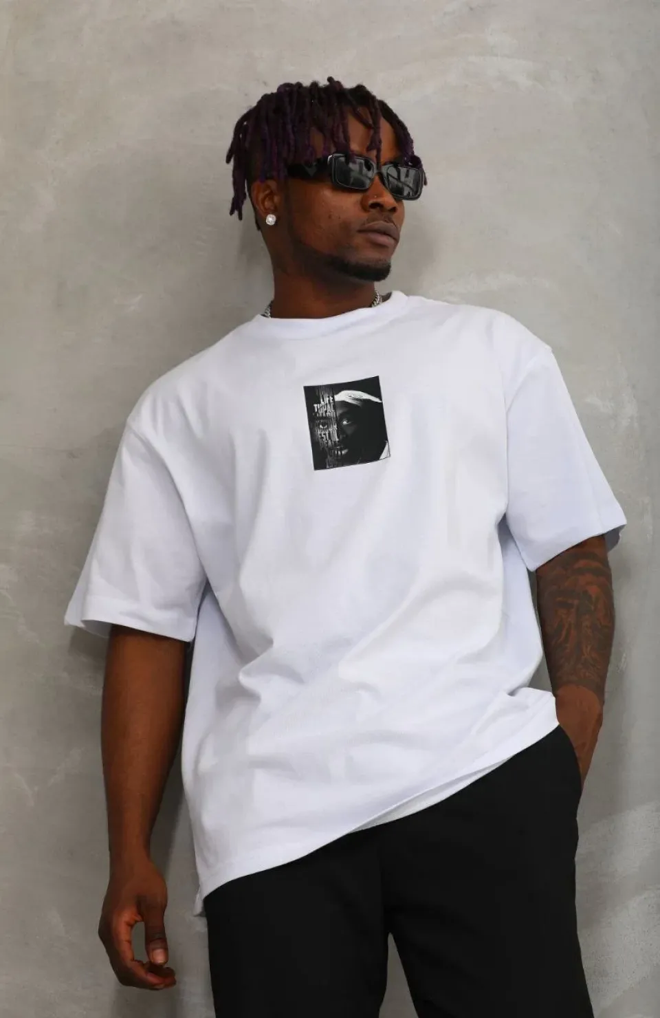 Unisex Oversize Baskılı Bisiklet Yaka T-Shirt - Beyaz