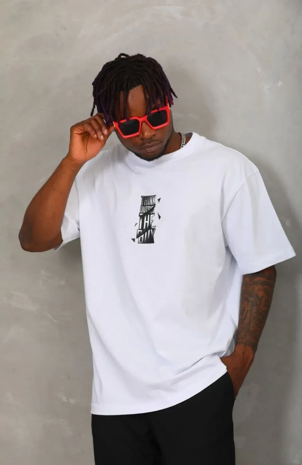 Unisex Oversize Baskılı Bisiklet Yaka T-Shirt - Beyaz