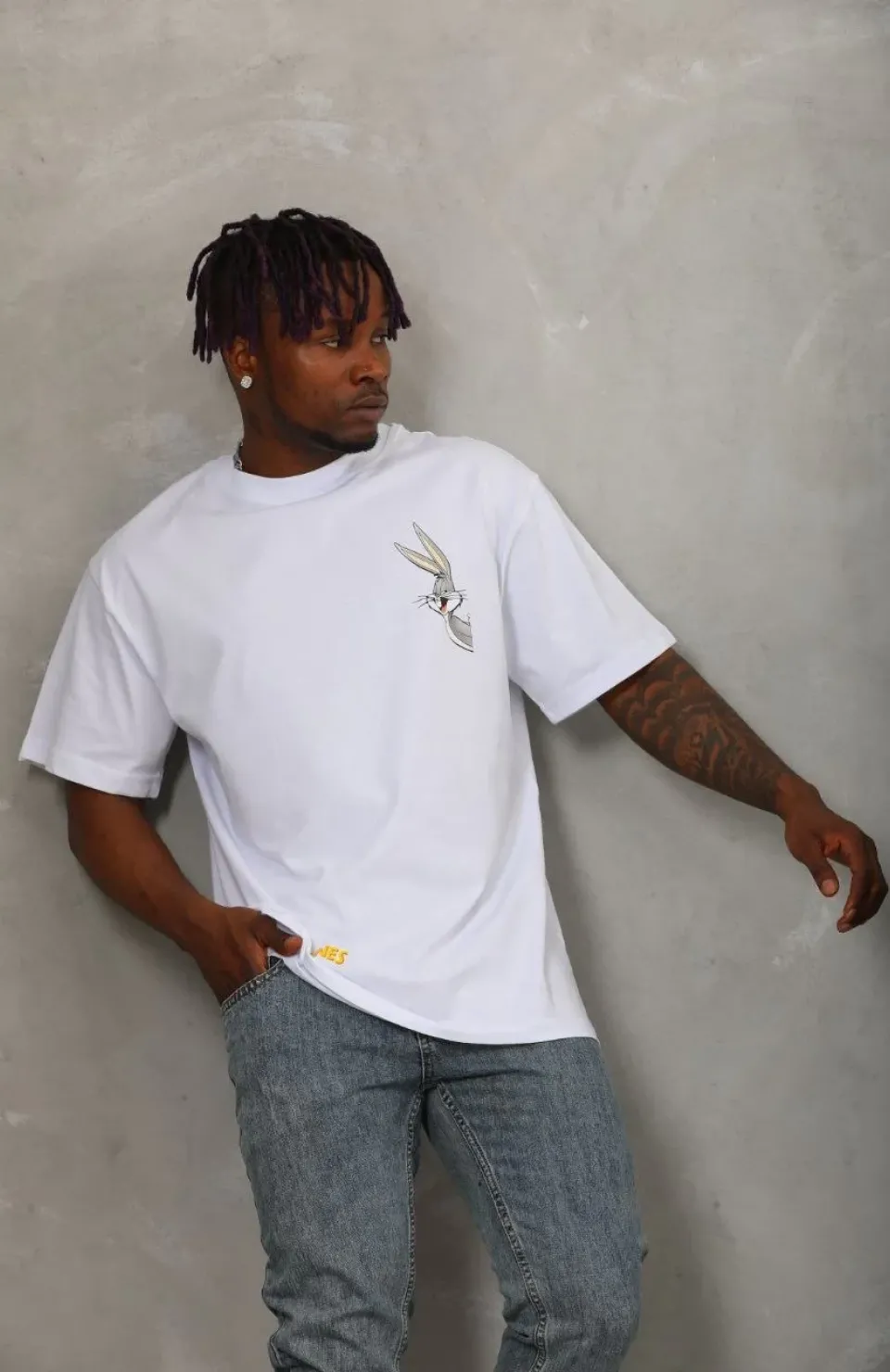 Unisex Oversize Baskılı Bisiklet Yaka T-Shirt - Beyaz